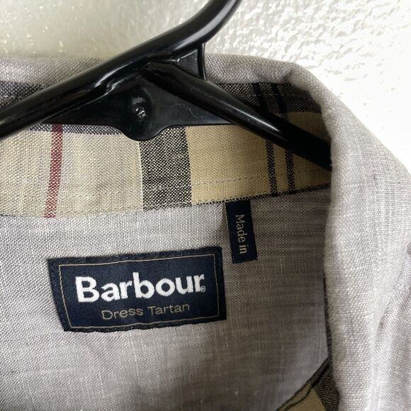 Barbour Dress Tartan Linen Shirt Mens Large Gray Check Cuff Kenneth Button Up - Picture 8 of 12